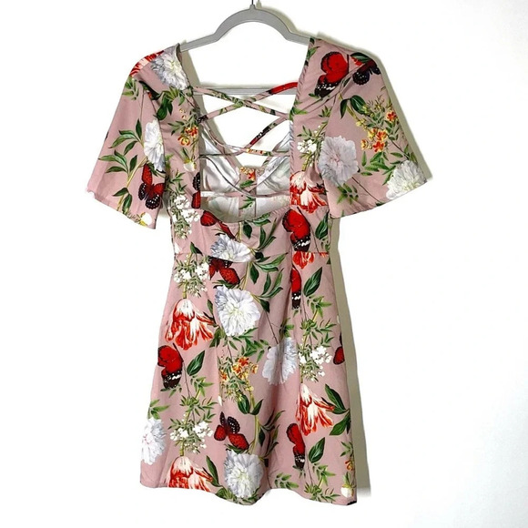 NEW PrettyLittleThing Beige Floral Print Criss Cross Button Bodycon Dress Size 2 - Picture 11 of 12